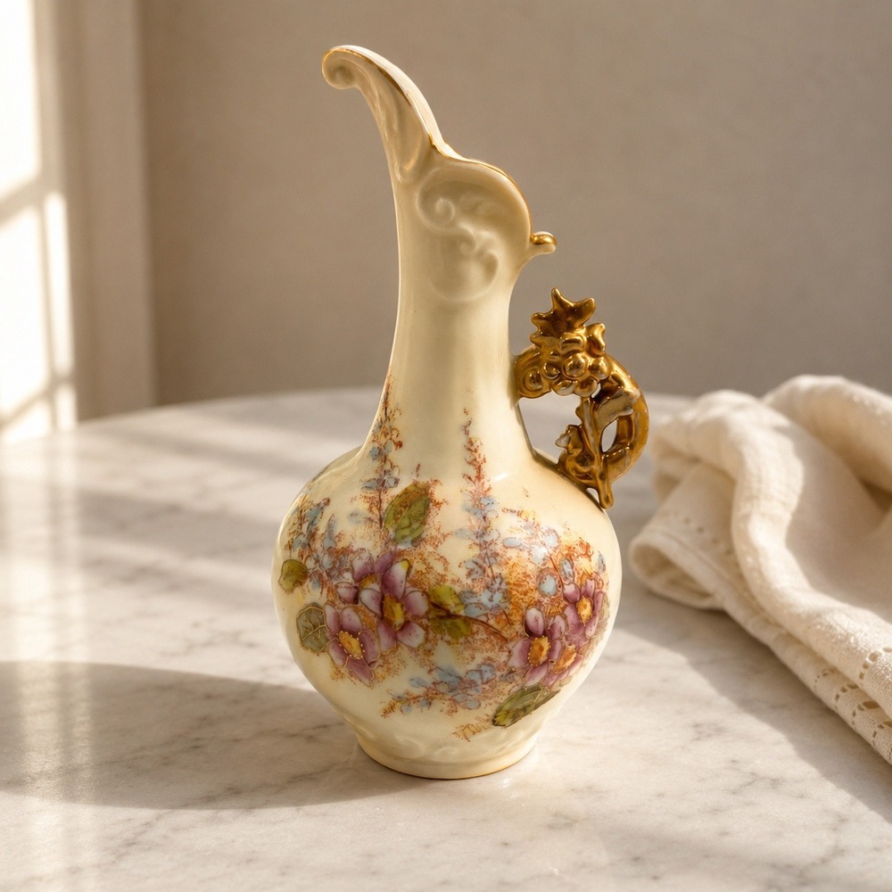 Antique RS Prussia Porcelain Floral Ewer Rudolstadt RW Germany Gilt Handle 7.5"